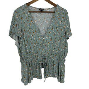Torrid Womens Floral Short Sleeve Button-Down Peplum Blouse Tie Waist Size 3X